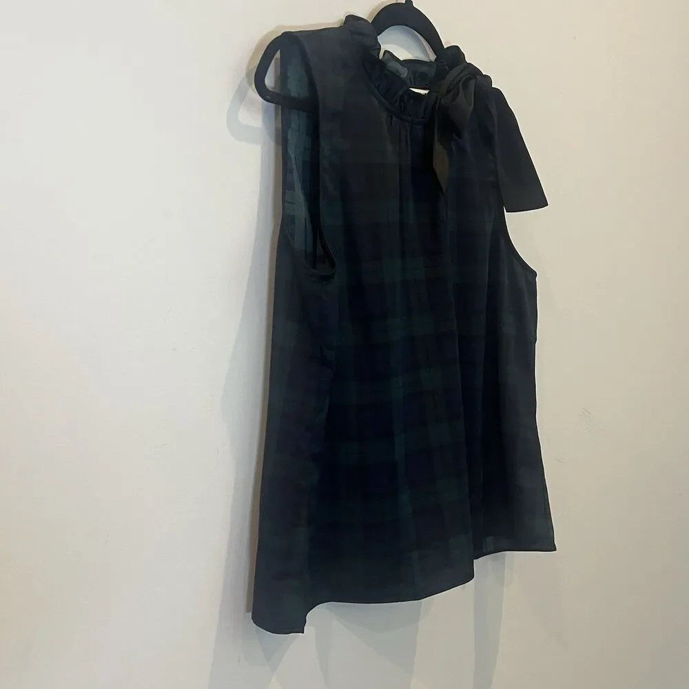J. Crew NWT Green Plaid Ruffle Neck Sleeveless Bow Top Holiday Blouse Satin L
